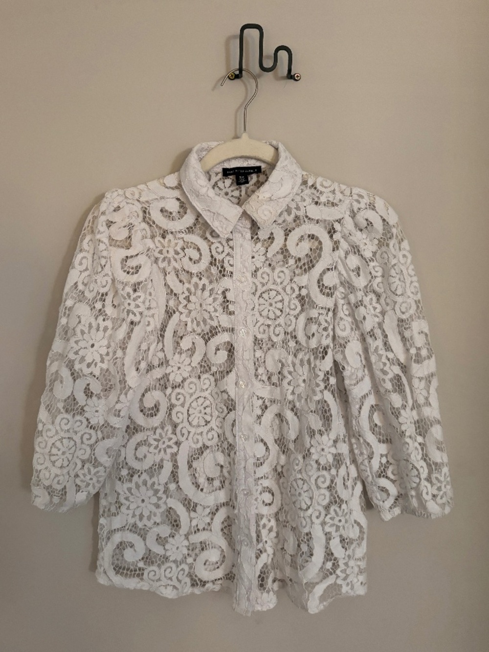 White Lace Blouse Sheer Button Down Puff Sleeve Cottagecore Romantic Top XS-S